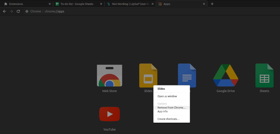 screenshot of removing a Chrome app